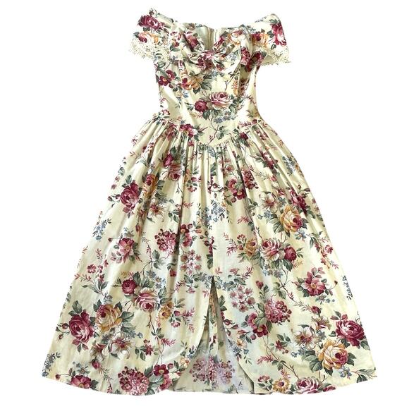 Vintage Jessica McClintock Off Shoulder Floral Prairie Cottagecore Maxi Dress - Picture 1 of 9
